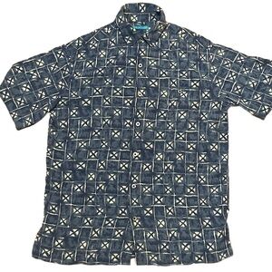 Tori Richard mens silk sleeve button-down collard shirt blue white Hawaiian